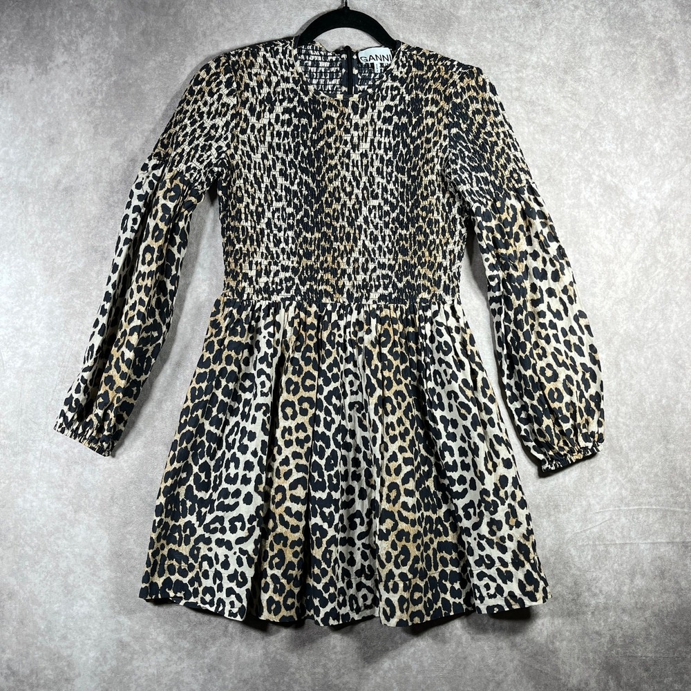 Ganni Mini Dress Womens Size 34 Black Brown Leopard Print Fit & Flare Smocked